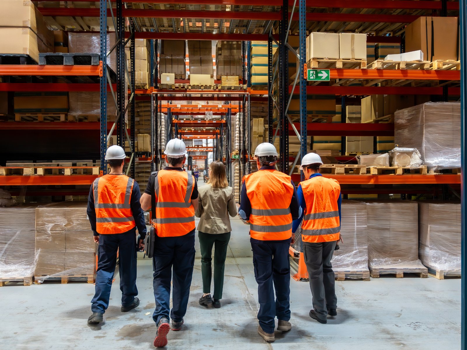 Trabajadores con equipo de protección en un almacén logístico