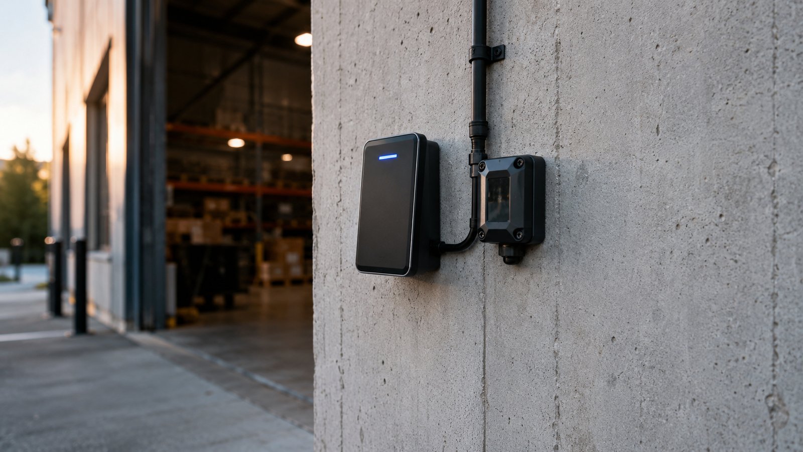 Lector de control de acceso y sensor conectados en una instalación industrial